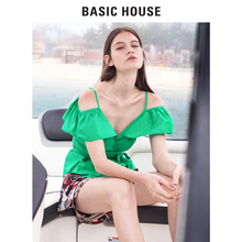 Basic House/百家好2018夏新款露肩蝴蝶结明星同款衬衫女HSBL321M图片