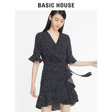 百家好旗舰店秋季新款纯色V领中袖小斑点连衣裙甜美HSOP628K图片