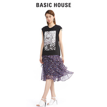 Basic House/百家好夏新款不规则碎花半身裙雪纺中裙子女HRSK329A图片