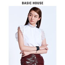 Basic House/百家好新款立领套头蕾丝衬衫甜美修身上衣女HRBL521B图片