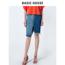 Basic House/百家好2018夏新款拼接开叉毛边半身牛仔裙女HSSK321C图片