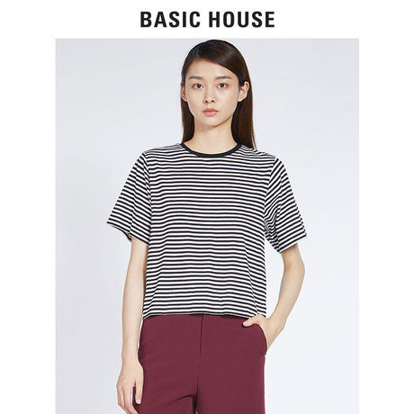 Basic House/百家好秋季新款细横条纹直筒圆领青春短袖女HRTS529C商品大图
