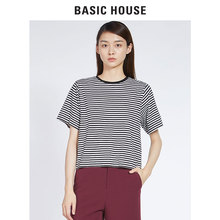 Basic House/百家好秋季新款细横条纹直筒圆领青春短袖女HRTS529C图片