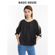Basic House/百家好韩版镂空绣花上衣甜美圆领显瘦衬衫女HQBL321N图片