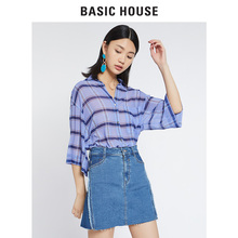 Basic House/百家好韩版通勤格子V领单排扣长袖衬衫女潮HSWS525A图片