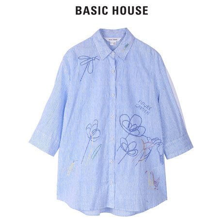 Basic House/百家好商场同款条纹印花七分袖衬衫专柜正品HRWS527B商品大图