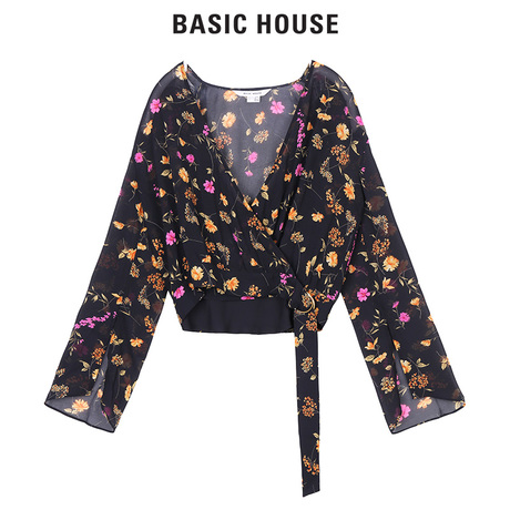 Basic House/百家好V领女士衬衫碎花长袖显身材小性感女HRBL521M商品大图