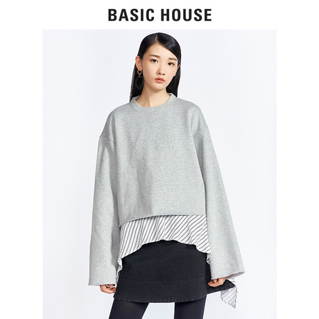Basic House/百家好圆领套头假两件拼色时髦长袖卫衣女HRTS721I商品大图