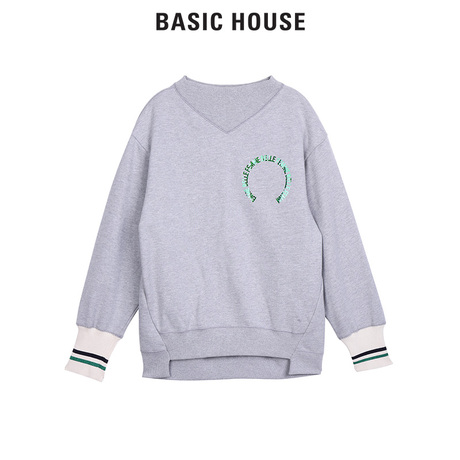 Basic House/百家好圆领套头字母印花罗纹袖口针织卫衣女HRTS727L商品大图