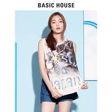 Basic House/百家好夏季新款女字母印花无袖开叉T恤HPTS322W图片