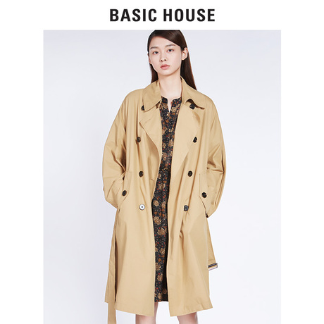 Basic House/百家好秋季韩版经典双排扣OL长款修身风衣女HQCA525C商品大图