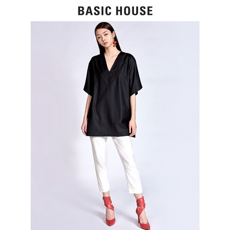 Basic House/百家好新款夏装五分袖T恤韩版V领纯色上衣女HRBL321D商品大图