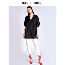 Basic House/百家好新款夏装五分袖T恤韩版V领纯色上衣女HRBL321D图片