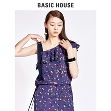 Basic House/百家好新款夏装不对称上衣荷叶边碎花衬衫女HRBL325R图片