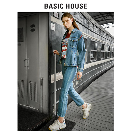 Basic House/百家好2018春秋新款牛仔裤女士高腰九分裤子HSDP521A商品大图