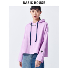 Basic House/百家好2018秋季红色卫衣连帽字母短款上衣女HSTS124F图片