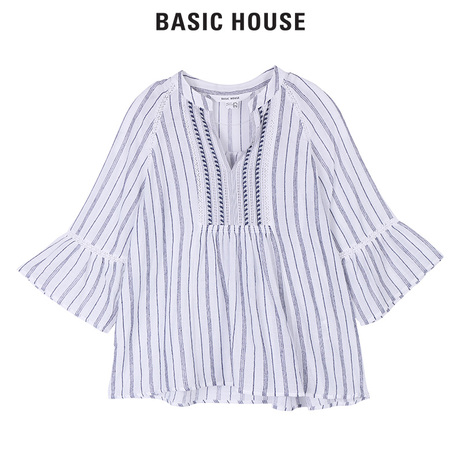 Basic House/百家好2018春秋新款衬衫女韩版五分短袖上衣HSBL525C商品大图