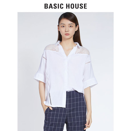 Basic House/百家好夏季韩版纯色短袖肩膀镂空透气衬衫女HRWS527A商品大图