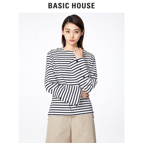BasicHouse/百家好2018春秋季长袖T恤女条纹撞色刺绣上衣HSTS124A商品大图