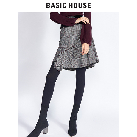 Basic House/百家好冬季格子荷叶边裙性感短裙自然腰时尚HRSK720J商品大图
