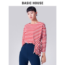 Basic House/百家好18年春秋款流苏条纹T恤长袖上衣女潮HSTS121L图片