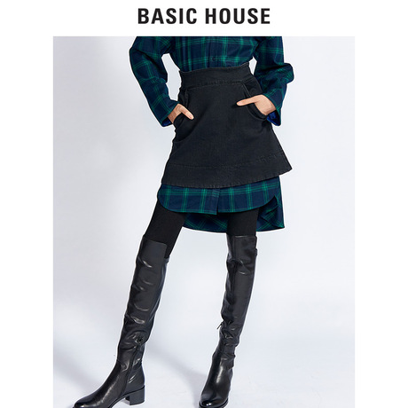 Basic House/百家好冬季牛仔纯色半身短裙百搭A字裙自然HRSK721B商品大图