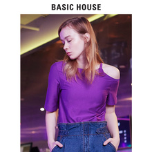 Basic House/百家好2018夏新款字母印花露肩不对称T恤女HSTS321U图片