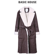 Basic House/百家好冬季束腰皮大衣加绒加厚中长款外套HQRF725A图片