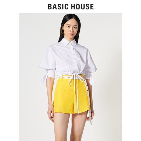 Basic House/百家好2018年新款翻领短袖蝴蝶结衬衫衬衣女HSWS321A商品大图
