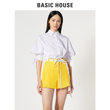 Basic House/百家好2018年新款翻领短袖蝴蝶结衬衫衬衣女HSWS321A图片