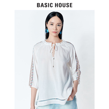 Basic House/百家好2018年新款T恤民族风显瘦抽绳上衣女HSBL324D图片