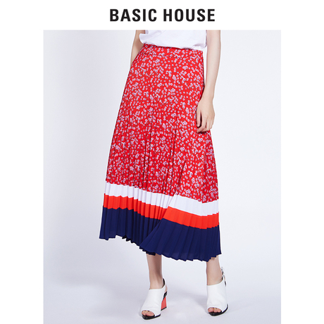 Basic House/百家好高腰拼接半身裙韩版中长款复古裙子女HSSK528F商品大图