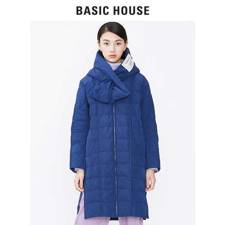 Basic House/百家好2018新款保暖连帽羽绒服中长款羽绒衣HSGD720D商品大图