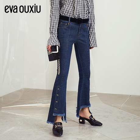 evaouxiu伊华欧秀春秋季女装新款韩版修身流苏牛仔裤喇叭长裤商品大图