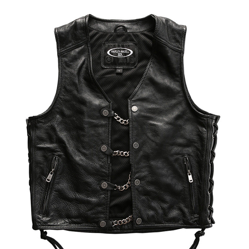 哈雷皮衣男款机车装单排扣多兜真皮马甲头层牛