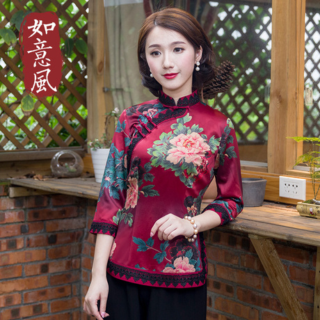 唐装女中式婚礼妈妈装秋款婚宴改良复古风茶艺服气质长袖旗袍上衣商品大图