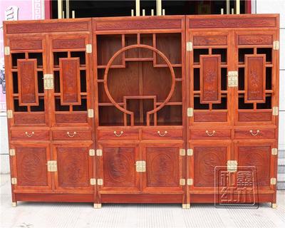 红木家具缅甸花梨木加高书柜博古架三组合大果紫檀实木雕花书橱
