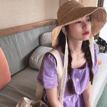INS博主怒推款 韩国chic复古紫色甜美方领单排扣连衣裙 鬼马系少女