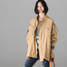 米可可 W6368 文艺大码立领大兜肩章纯棉中长款宽大风衣外套女图片