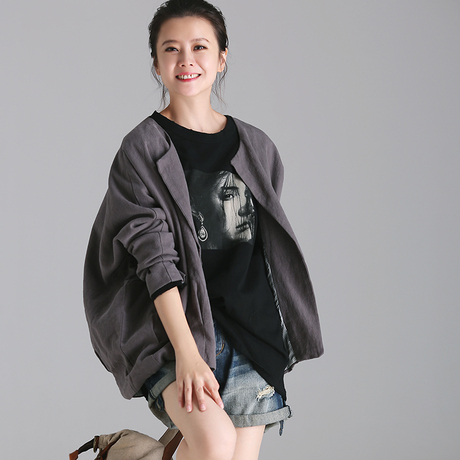 米可可 W2302 文艺大码圆领长袖开身无扣棉麻茧型夹克外套女 秋商品大图