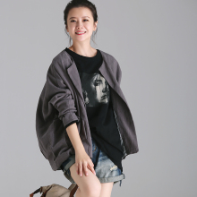 米可可 W2302 文艺大码圆领长袖开身无扣棉麻茧型夹克外套女 秋图片