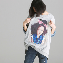 米可可  R2209文艺大码圆领小女孩落肩牛仔布拼接袖卫衣女2018秋图片