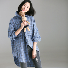 米可可  C9331 文艺大码方领格子双侧大兜落肩袖衬衫女 2018秋新图片
