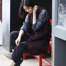 米可可  V1801文艺大码坑条V领口袋长款针织含羊毛马甲女 2018秋图片