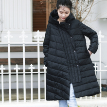米可可W6010 文艺大码绗缝压纹连帽中长款棉服宽松大外套女 冬图片