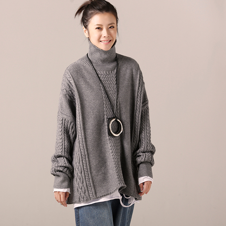 米可可  M8303 文艺大码高领宽松加厚纯色打底织花毛衣女 2018冬商品大图