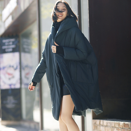米可可W9987文艺大码大兜开叉连帽中长款厚棉服 外套女18冬新商品大图