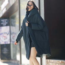 米可可W9987文艺大码大兜开叉连帽中长款厚棉服 外套女18冬新图片