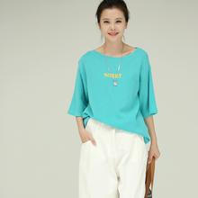 米可可T6798 韩版宽松字母印花圆领落肩袖纯色T恤女 2018夏新图片