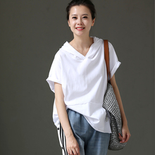 米可可T2159文艺大码连帽袋鼠兜卷边宽松短袖纯棉T恤女 2018夏图片